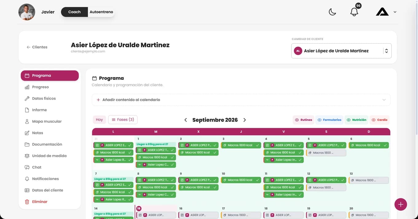 Calendario de programación de un cliente