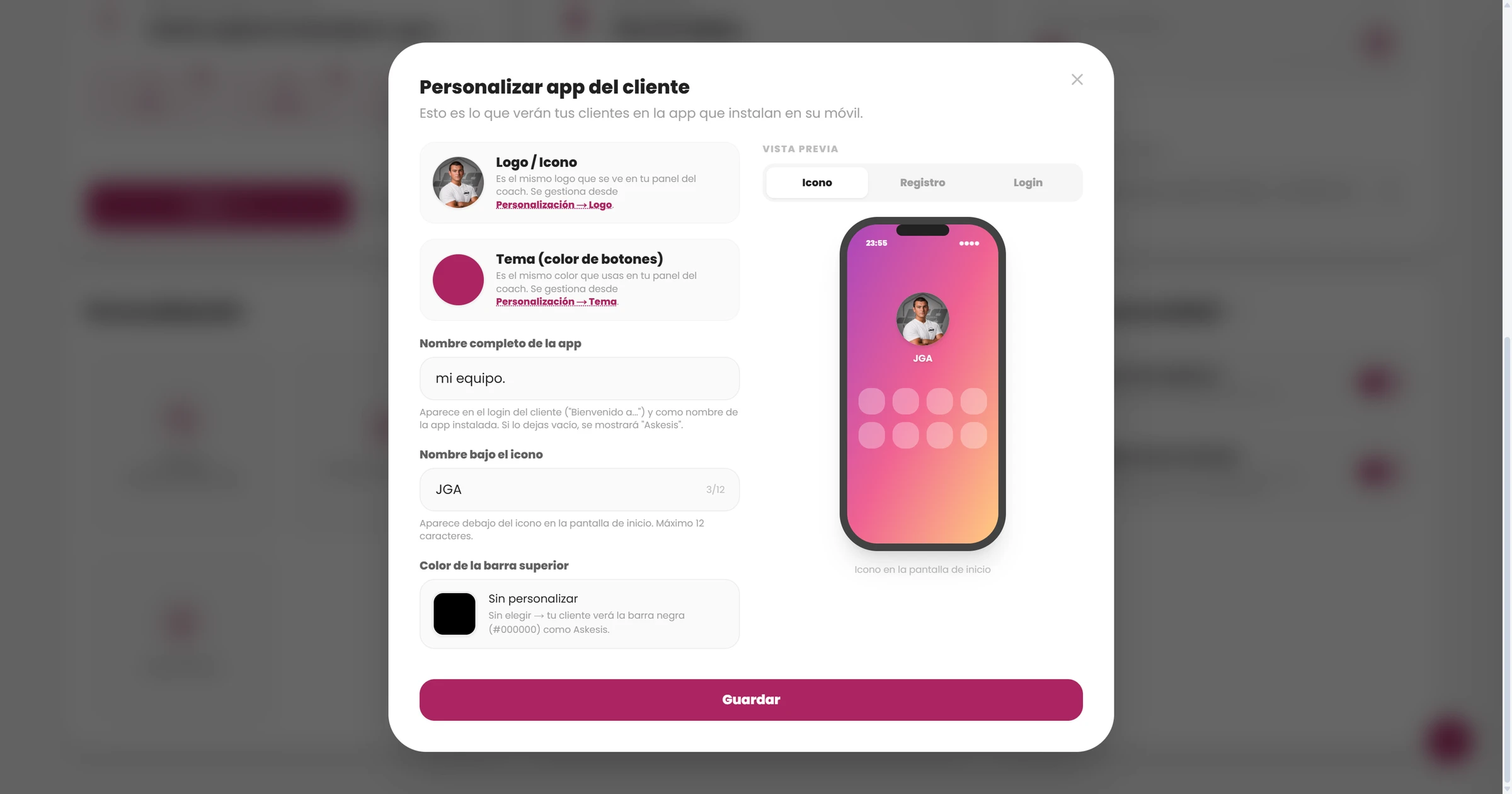 Personalización de la app del cliente