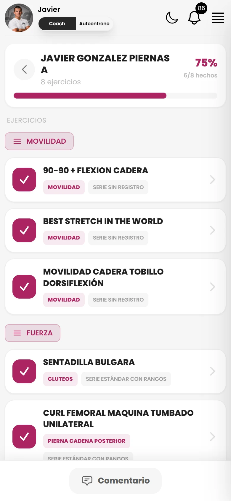 Programación del día en la app del cliente