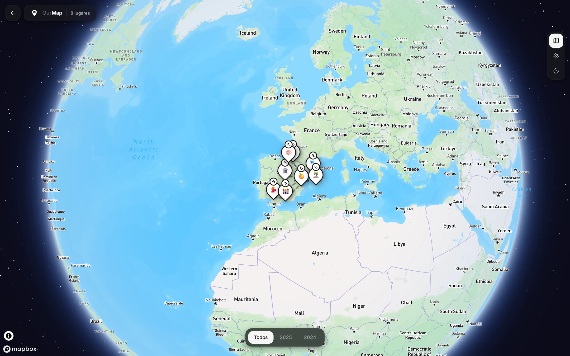 Globo de OurMap con los lugares visitados