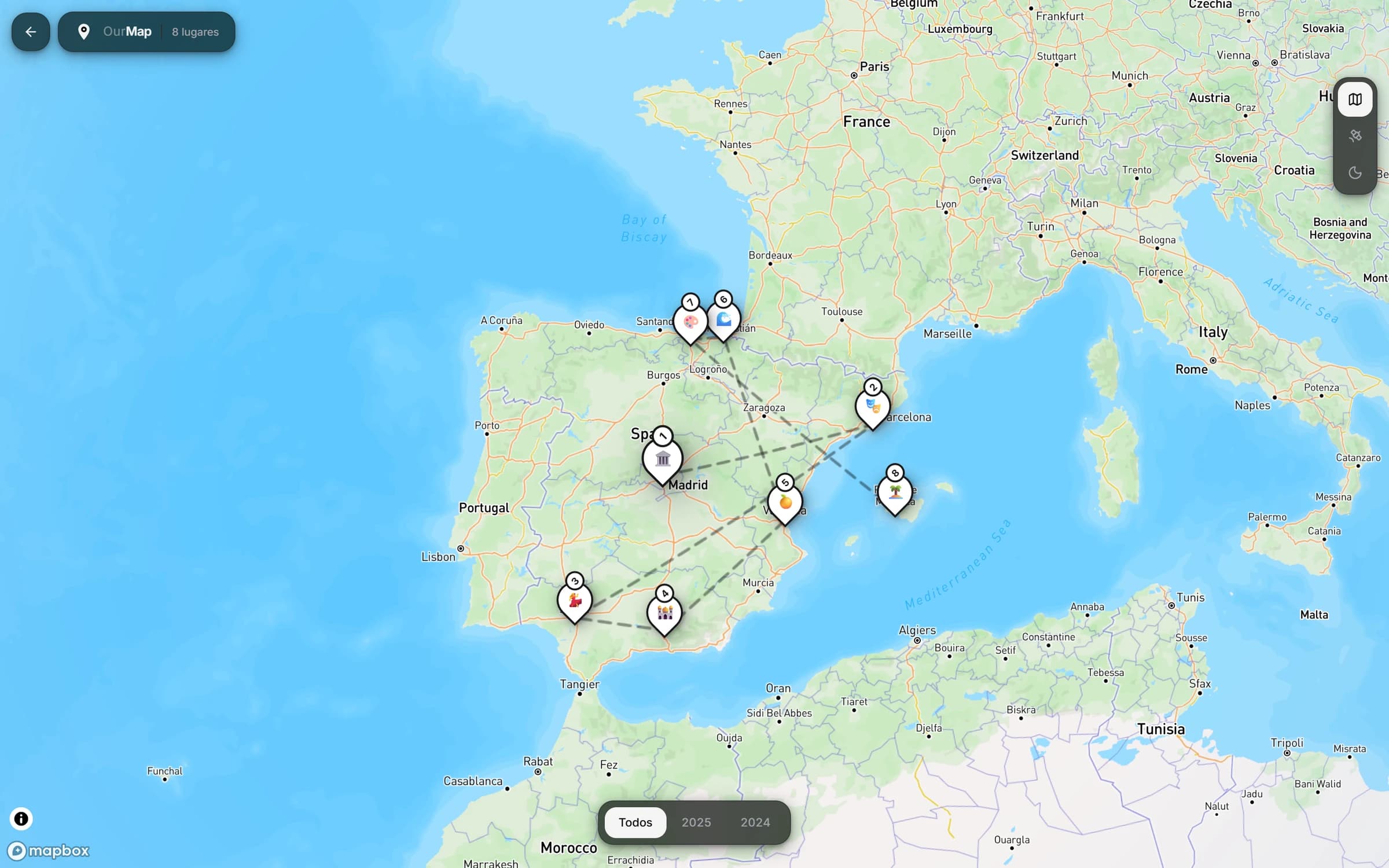 Ruta de un viaje por España con sus ocho lugares