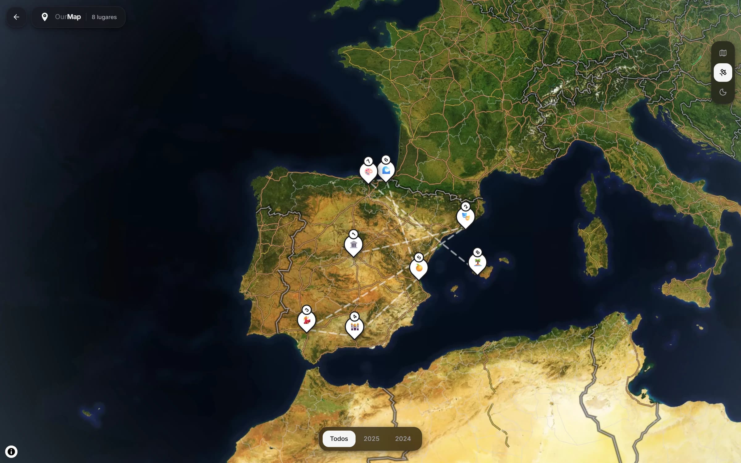 Vista satélite con la ruta del viaje